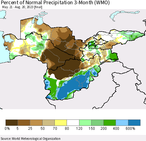 Central Asia Percent of Normal Precipitation 3-Month (WMO) Thematic Map For 5/21/2023 - 8/20/2023