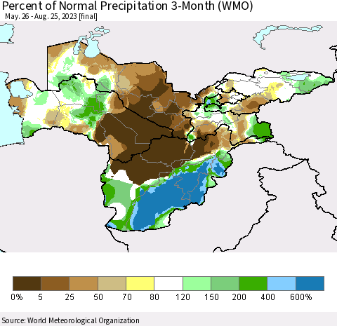 Central Asia Percent of Normal Precipitation 3-Month (WMO) Thematic Map For 5/26/2023 - 8/25/2023