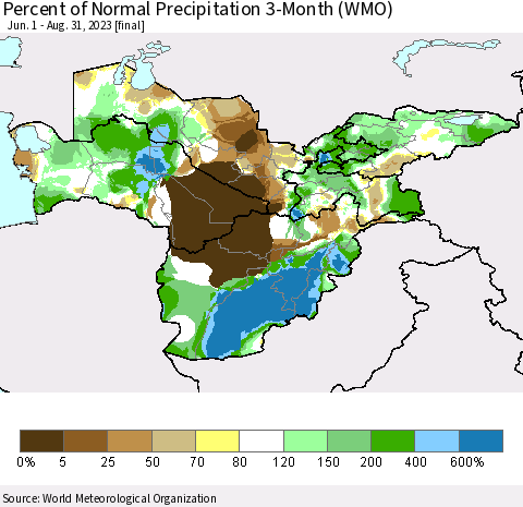 Central Asia Percent of Normal Precipitation 3-Month (WMO) Thematic Map For 6/1/2023 - 8/31/2023
