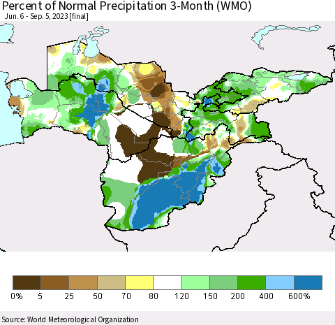 Central Asia Percent of Normal Precipitation 3-Month (WMO) Thematic Map For 6/6/2023 - 9/5/2023