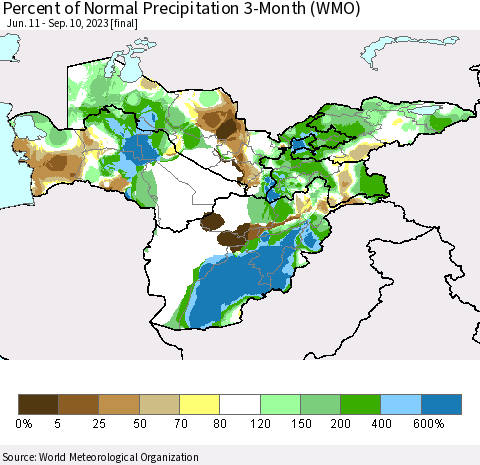 Central Asia Percent of Normal Precipitation 3-Month (WMO) Thematic Map For 6/11/2023 - 9/10/2023