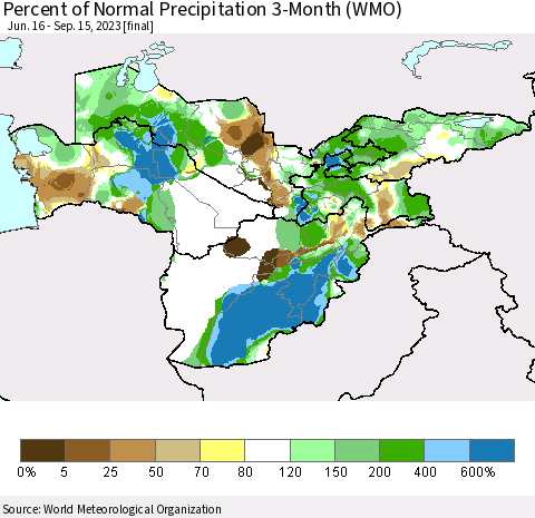 Central Asia Percent of Normal Precipitation 3-Month (WMO) Thematic Map For 6/16/2023 - 9/15/2023