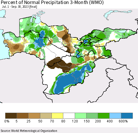 Central Asia Percent of Normal Precipitation 3-Month (WMO) Thematic Map For 7/1/2023 - 9/30/2023