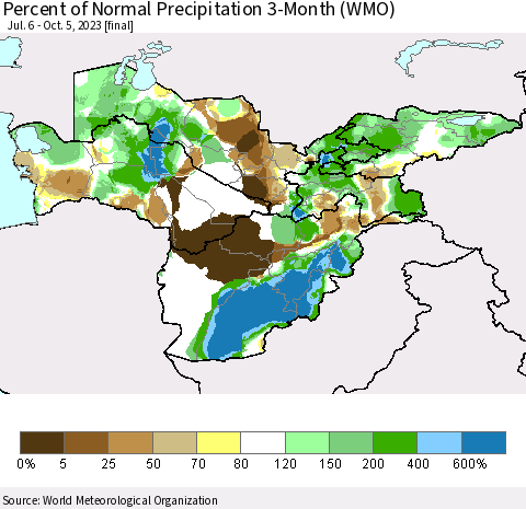 Central Asia Percent of Normal Precipitation 3-Month (WMO) Thematic Map For 7/6/2023 - 10/5/2023