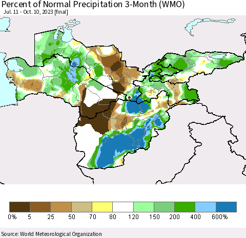 Central Asia Percent of Normal Precipitation 3-Month (WMO) Thematic Map For 7/11/2023 - 10/10/2023