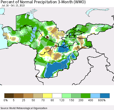 Central Asia Percent of Normal Precipitation 3-Month (WMO) Thematic Map For 7/16/2023 - 10/15/2023