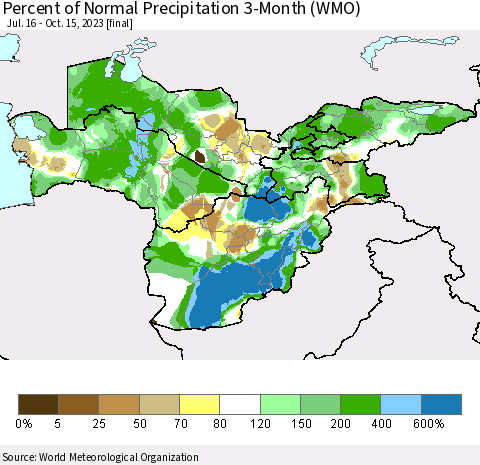 Central Asia Percent of Normal Precipitation 3-Month (WMO) Thematic Map For 7/16/2023 - 10/15/2023