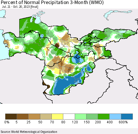 Central Asia Percent of Normal Precipitation 3-Month (WMO) Thematic Map For 7/21/2023 - 10/20/2023