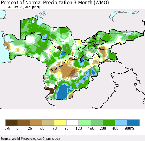 Central Asia Percent of Normal Precipitation 3-Month (WMO) Thematic Map For 7/26/2023 - 10/25/2023