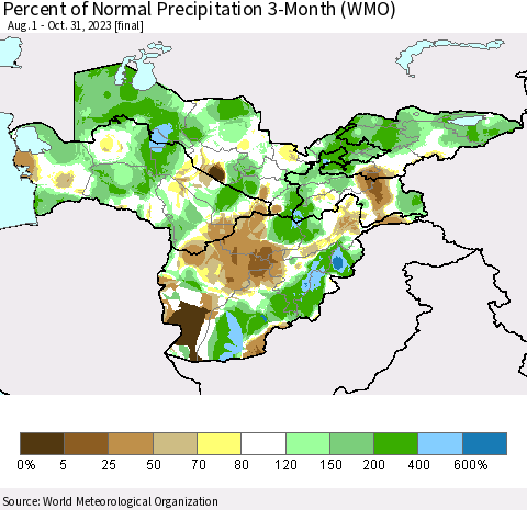 Central Asia Percent of Normal Precipitation 3-Month (WMO) Thematic Map For 8/1/2023 - 10/31/2023