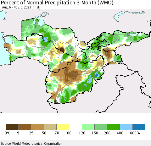 Central Asia Percent of Normal Precipitation 3-Month (WMO) Thematic Map For 8/6/2023 - 11/5/2023