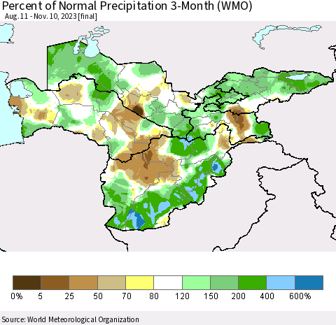 Central Asia Percent of Normal Precipitation 3-Month (WMO) Thematic Map For 8/11/2023 - 11/10/2023