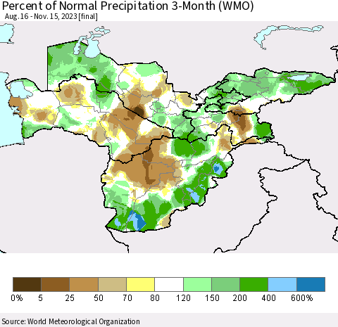 Central Asia Percent of Normal Precipitation 3-Month (WMO) Thematic Map For 8/16/2023 - 11/15/2023