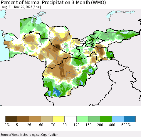 Central Asia Percent of Normal Precipitation 3-Month (WMO) Thematic Map For 8/21/2023 - 11/20/2023