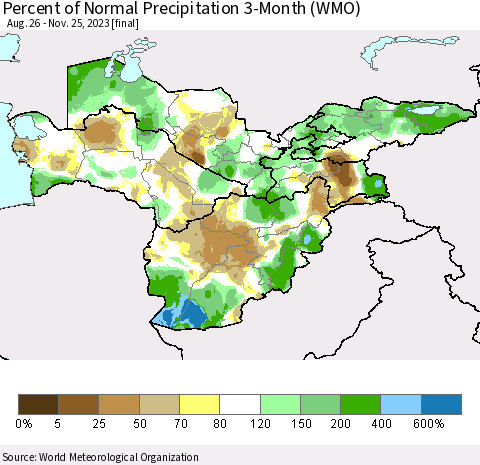 Central Asia Percent of Normal Precipitation 3-Month (WMO) Thematic Map For 8/26/2023 - 11/25/2023
