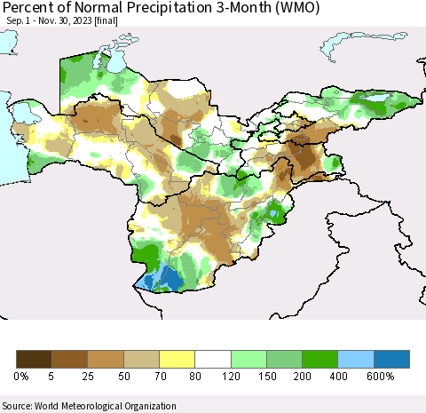 Central Asia Percent of Normal Precipitation 3-Month (WMO) Thematic Map For 9/1/2023 - 11/30/2023