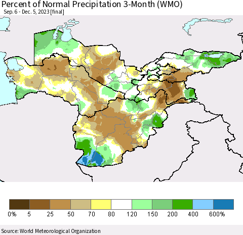 Central Asia Percent of Normal Precipitation 3-Month (WMO) Thematic Map For 9/6/2023 - 12/5/2023