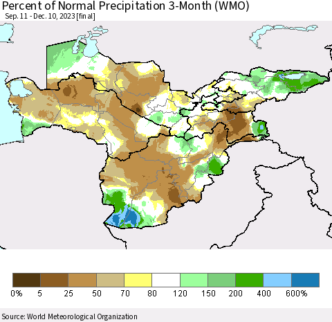 Central Asia Percent of Normal Precipitation 3-Month (WMO) Thematic Map For 9/11/2023 - 12/10/2023