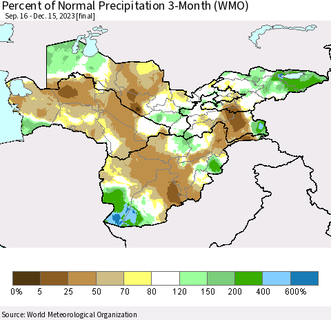Central Asia Percent of Normal Precipitation 3-Month (WMO) Thematic Map For 9/16/2023 - 12/15/2023