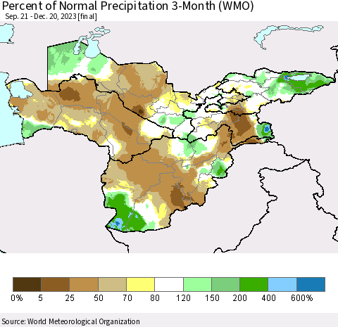 Central Asia Percent of Normal Precipitation 3-Month (WMO) Thematic Map For 9/21/2023 - 12/20/2023
