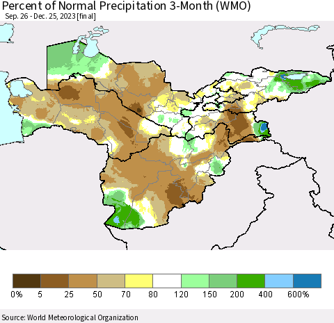 Central Asia Percent of Normal Precipitation 3-Month (WMO) Thematic Map For 9/26/2023 - 12/25/2023