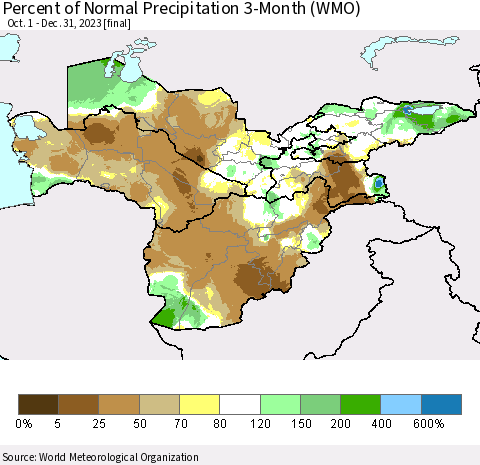 Central Asia Percent of Normal Precipitation 3-Month (WMO) Thematic Map For 10/1/2023 - 12/31/2023