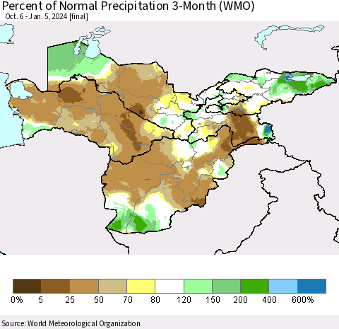 Central Asia Percent of Normal Precipitation 3-Month (WMO) Thematic Map For 10/6/2023 - 1/5/2024