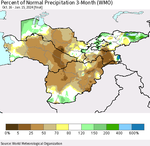 Central Asia Percent of Normal Precipitation 3-Month (WMO) Thematic Map For 10/16/2023 - 1/15/2024