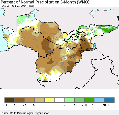 Central Asia Percent of Normal Precipitation 3-Month (WMO) Thematic Map For 10/26/2023 - 1/25/2024