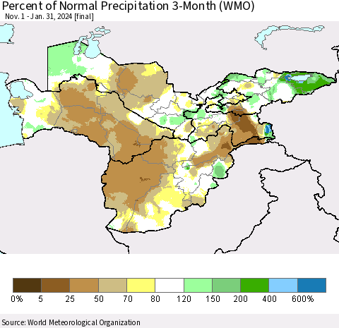 Central Asia Percent of Normal Precipitation 3-Month (WMO) Thematic Map For 11/1/2023 - 1/31/2024