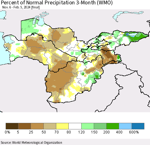 Central Asia Percent of Normal Precipitation 3-Month (WMO) Thematic Map For 11/6/2023 - 2/5/2024