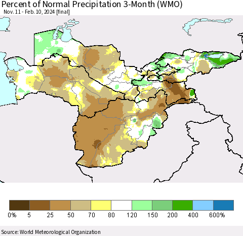 Central Asia Percent of Normal Precipitation 3-Month (WMO) Thematic Map For 11/11/2023 - 2/10/2024