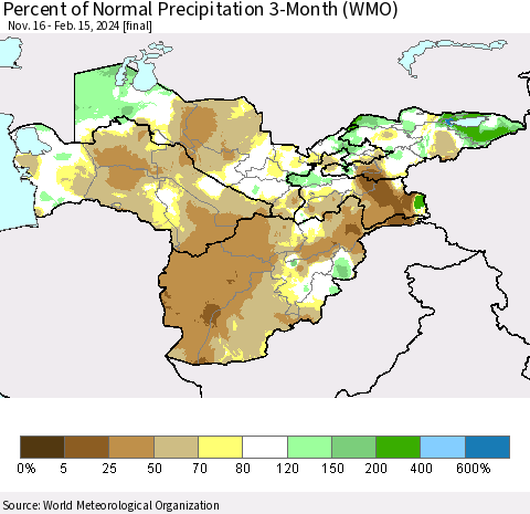 Central Asia Percent of Normal Precipitation 3-Month (WMO) Thematic Map For 11/16/2023 - 2/15/2024