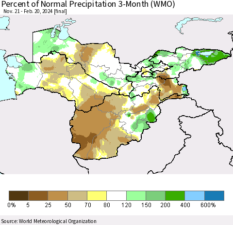 Central Asia Percent of Normal Precipitation 3-Month (WMO) Thematic Map For 11/21/2023 - 2/20/2024