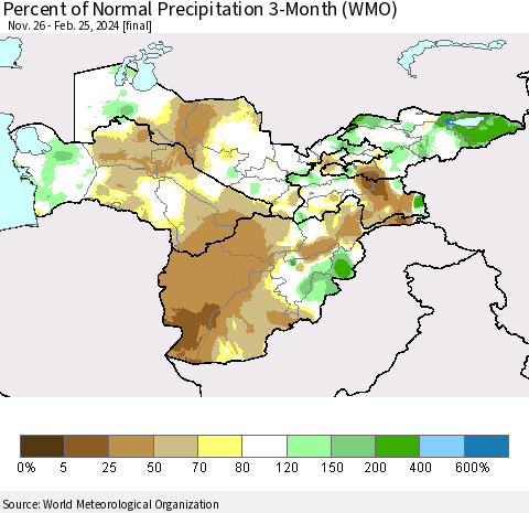 Central Asia Percent of Normal Precipitation 3-Month (WMO) Thematic Map For 11/26/2023 - 2/25/2024