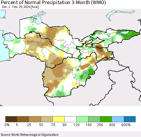 Central Asia Percent of Normal Precipitation 3-Month (WMO) Thematic Map For 12/1/2023 - 2/29/2024