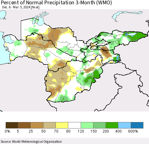 Central Asia Percent of Normal Precipitation 3-Month (WMO) Thematic Map For 12/6/2023 - 3/5/2024