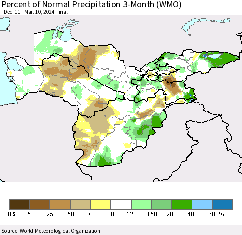 Central Asia Percent of Normal Precipitation 3-Month (WMO) Thematic Map For 12/11/2023 - 3/10/2024