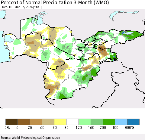 Central Asia Percent of Normal Precipitation 3-Month (WMO) Thematic Map For 12/16/2023 - 3/15/2024