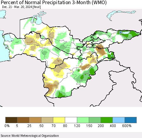 Central Asia Percent of Normal Precipitation 3-Month (WMO) Thematic Map For 12/21/2023 - 3/20/2024