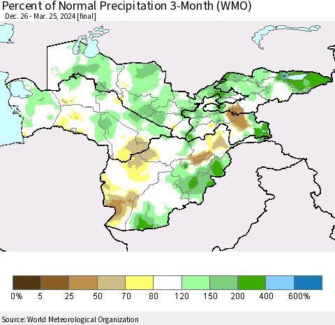 Central Asia Percent of Normal Precipitation 3-Month (WMO) Thematic Map For 12/26/2023 - 3/25/2024