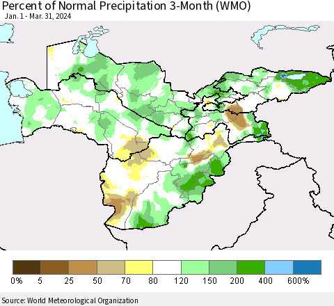 Central Asia Percent of Normal Precipitation 3-Month (WMO) Thematic Map For 1/1/2024 - 3/31/2024