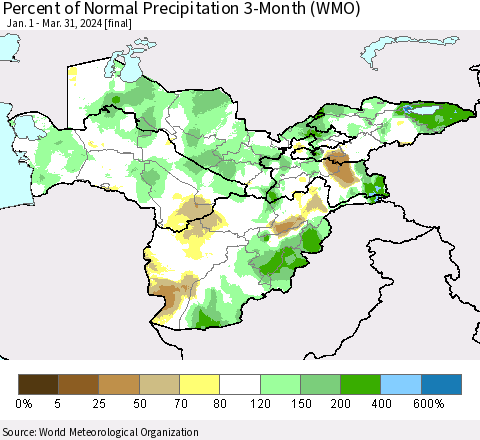 Central Asia Percent of Normal Precipitation 3-Month (WMO) Thematic Map For 1/1/2024 - 3/31/2024