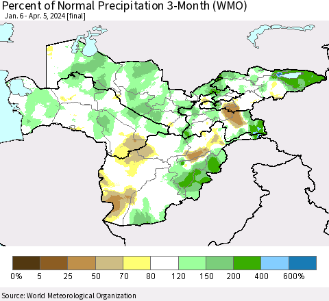 Central Asia Percent of Normal Precipitation 3-Month (WMO) Thematic Map For 1/6/2024 - 4/5/2024