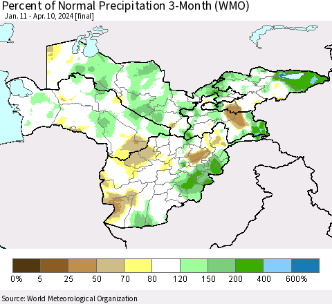 Central Asia Percent of Normal Precipitation 3-Month (WMO) Thematic Map For 1/11/2024 - 4/10/2024