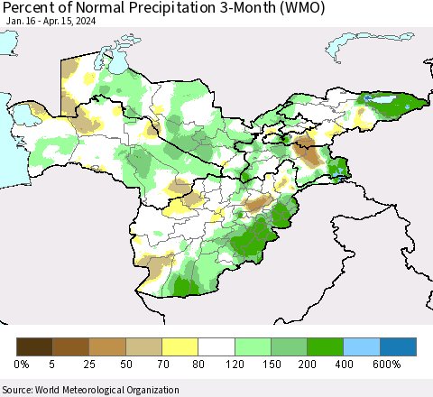 Central Asia Percent of Normal Precipitation 3-Month (WMO) Thematic Map For 1/16/2024 - 4/15/2024