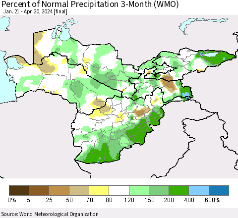 Central Asia Percent of Normal Precipitation 3-Month (WMO) Thematic Map For 1/21/2024 - 4/20/2024