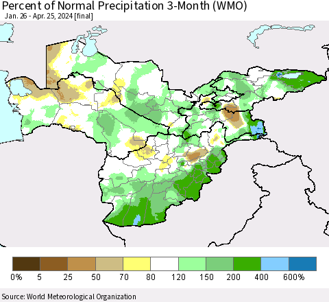 Central Asia Percent of Normal Precipitation 3-Month (WMO) Thematic Map For 1/26/2024 - 4/25/2024