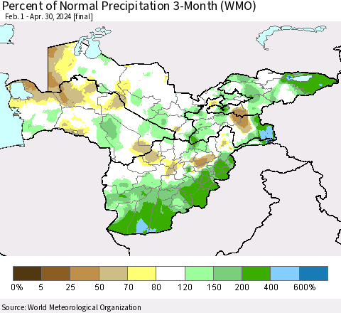 Central Asia Percent of Normal Precipitation 3-Month (WMO) Thematic Map For 2/1/2024 - 4/30/2024