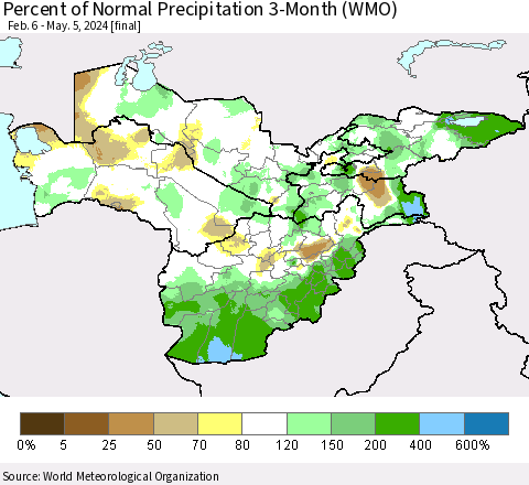 Central Asia Percent of Normal Precipitation 3-Month (WMO) Thematic Map For 2/6/2024 - 5/5/2024